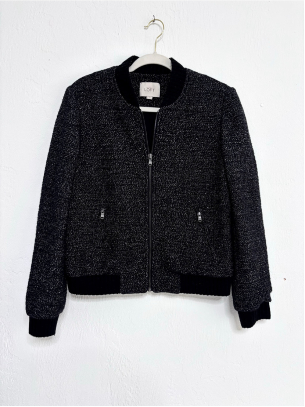 Women's LOFT Bomber Jacket Size M Black White Tweed
